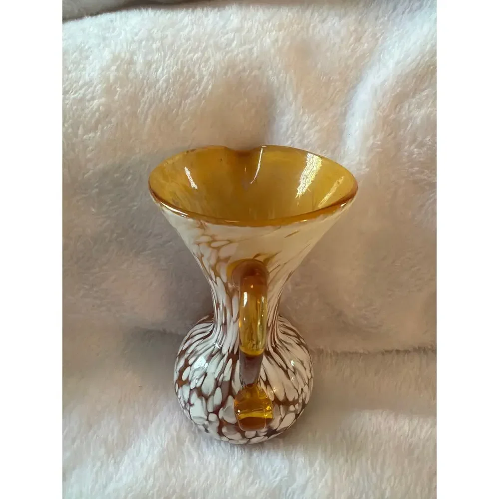Vintage Amber White Spatter Cased Art Glass Pitcher Vase Applied Handle 5